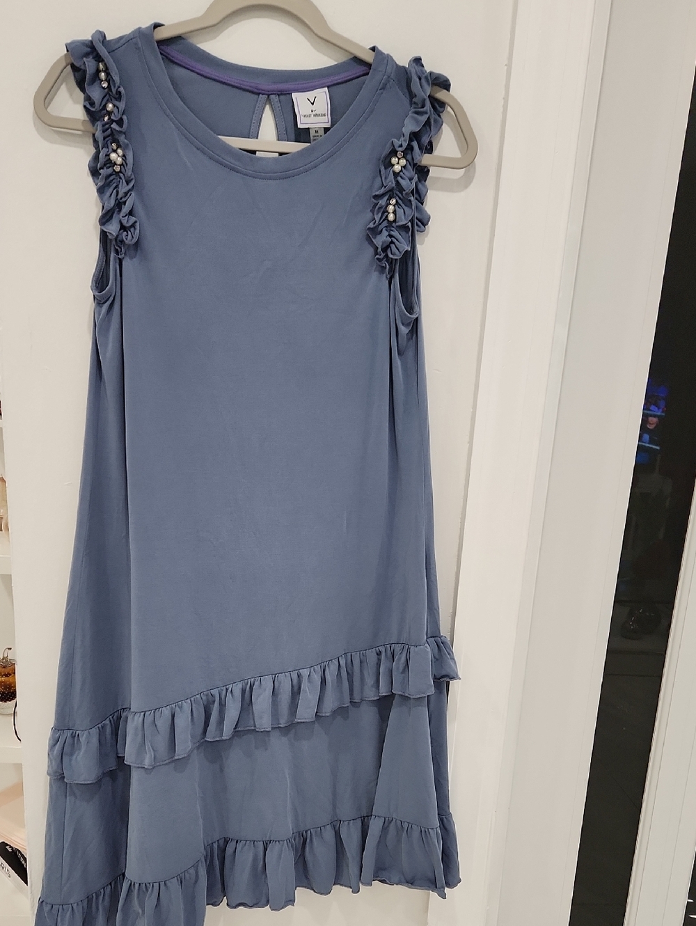Sleeveless Asymmetrical Ruffle Dress in Dusty Blue - V by Very